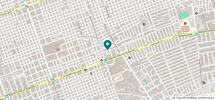 Map showing the Salaada office behind 21 November school in the Howl-Wadaag district of Mogadishu, just north of Wadnaha Street.